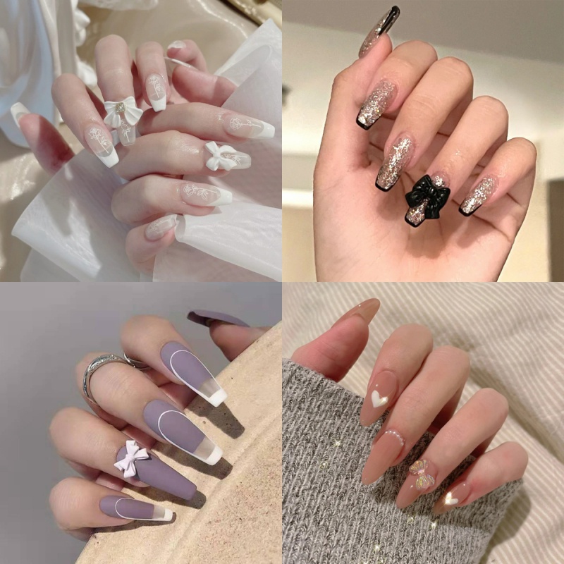 🔥Bộ 24 Móng Tay Giả Đính Nơ Đáng Yêu Kèm Keo Dán Thời Trang Cho Nữ