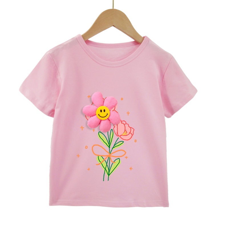 Áo Thun Cotton Mỏng Mềm In Họa Tiết Hoa Mặt Cười 3D Thời Trang 2022 Cho Bé Gái