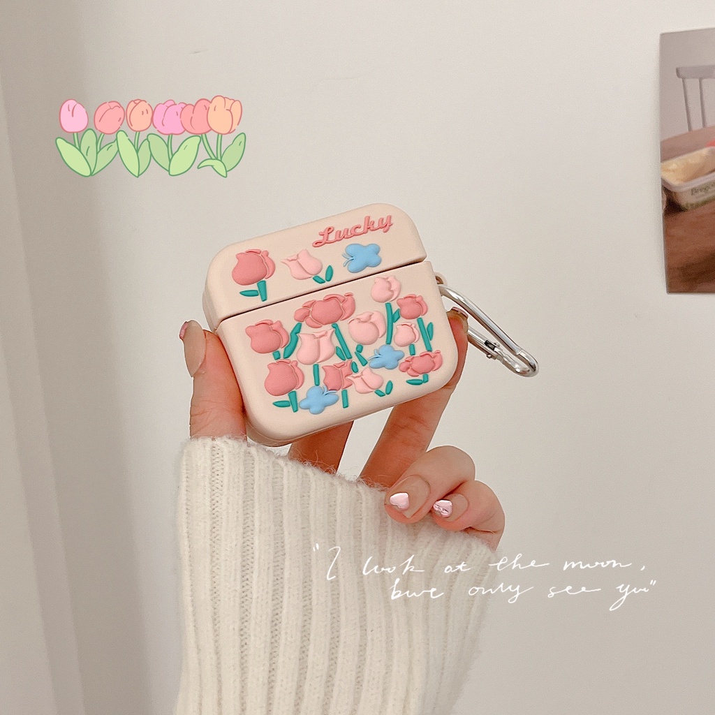 Vỏ Bảo Vệ Hộp Sạc Tai Nghe AirPods 1 2 pro 3 2021 gen3 Bluetooth Không Dây Chất Liệu Silicon Tpu Mềm Hình Hoa Tulip 3D Màu Hồng