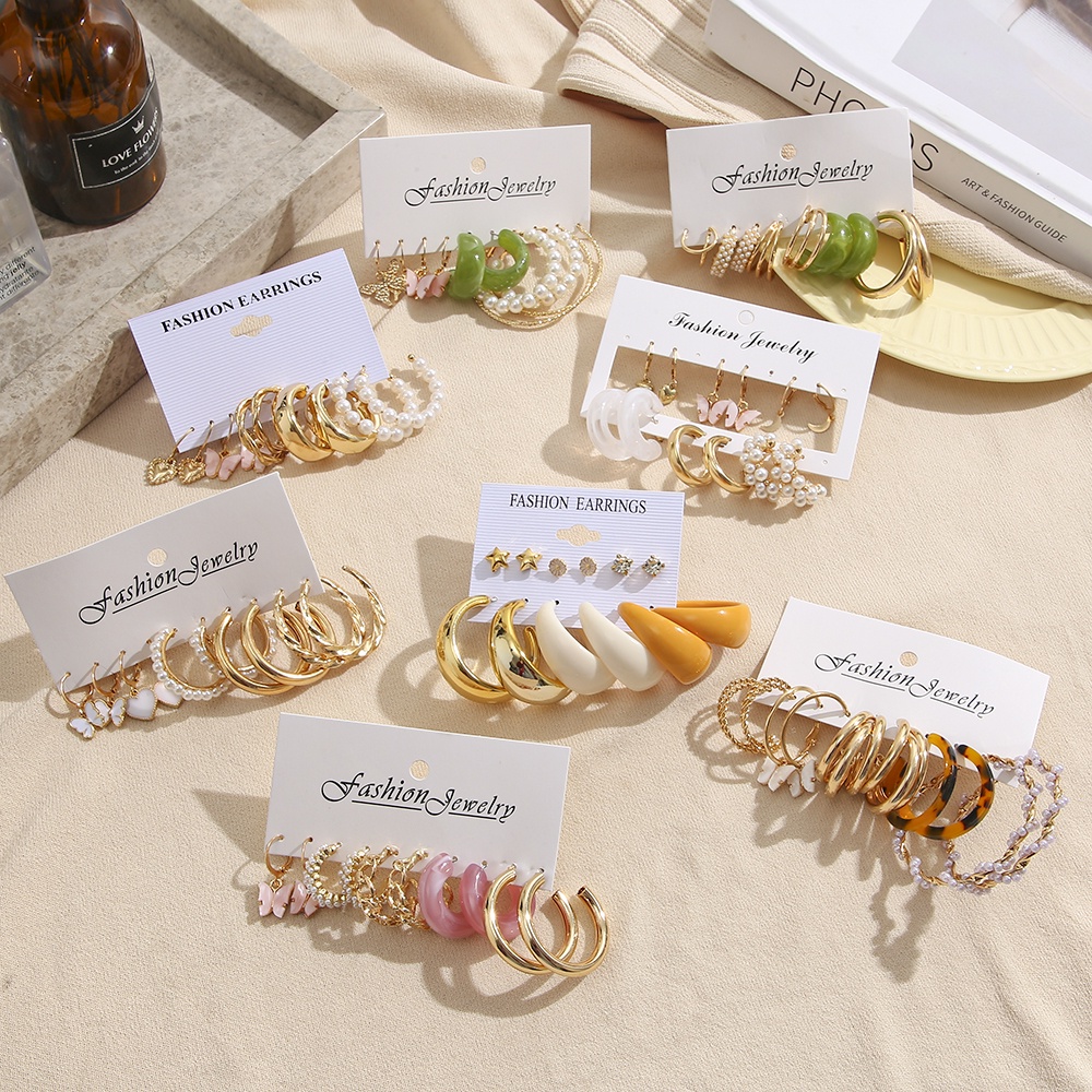 Set 6 khuyên tai Smileday dạng vòng bằng resin/đính ngọc trai giả/hình hoa sen/bươm bướm/chữ C cho nữ