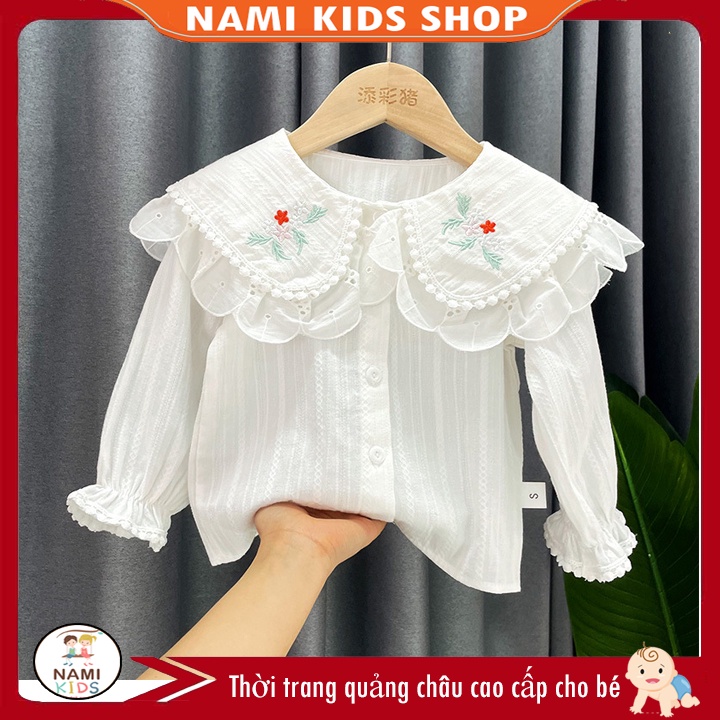 Áo sơ mi bé gái dài tay màu trắng cổ thêu hoa 2 tầng dễ thương