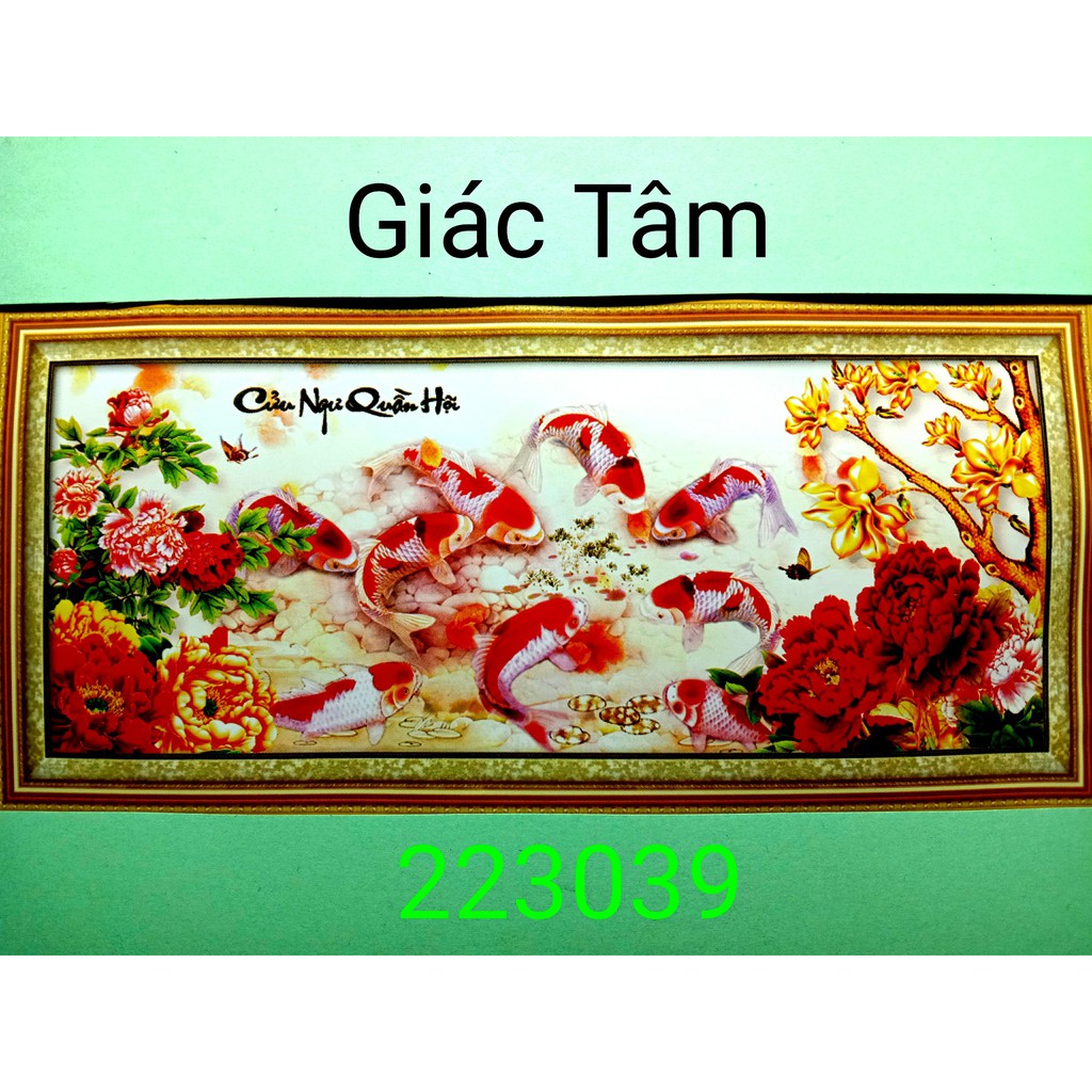 Tranh thêu CỬU NGƯ QUẦN HỘI - 127x55cm - 223039 - 9 CÁ BÔNG HOA MẪU ĐƠN MAI CHỮ - tranh thêu chữ thập chưa thêu