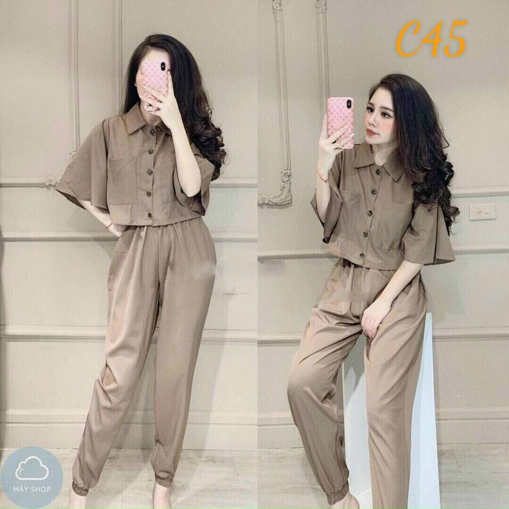 Set bộ sơ mi nút giữa 2 túi ,bộ đồ công sở, set áo vest ngắn tay lỡ quần ống túm đi chơi dạo phố cá tính trẻ trung