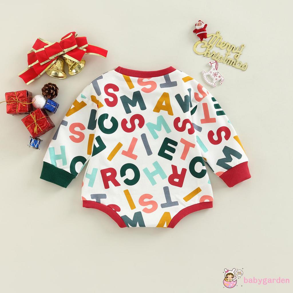 Bộ Áo Liền Quần Tay Dài Cổ Tròn In Hình Ông Già Noel / Chữ Dễ Thương Thời Trang Cho Bé Trai Và Gái 0-18 Tháng Tuổi