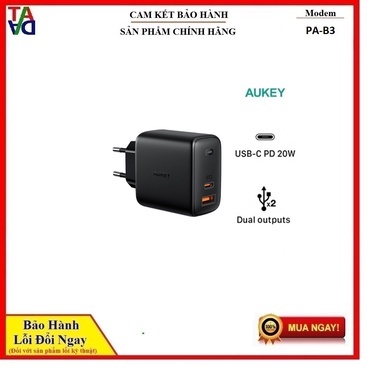 CỦ SẠC GAN 65W AUKEY OMNIA 2 CỔNG PA-B3 - HÀNG CHÍNH HÃNG - BẢO HÀNH 18 THÁNG