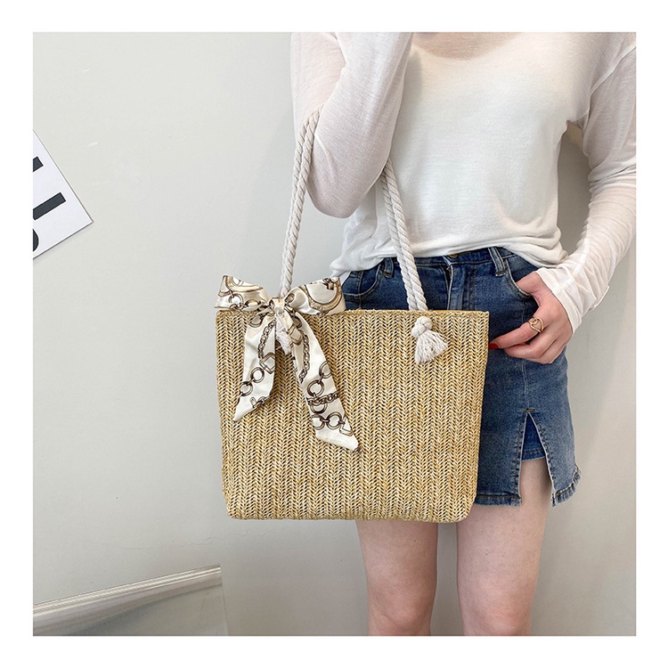 Túi Cói Đi Biển Dáng Vuông Lớn Quai Thừng Phối Dây Vải RQN2060