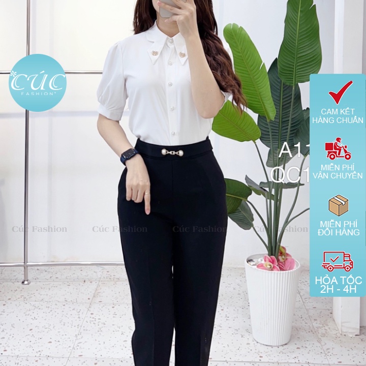 Áo sơ mi nữ CÚC FASHION somi tay ngắn cao cấp vải lụa đẹp kiểu công sở trắng nhiều màu cổ nơ tay bồng 6 cúc ngọc A1154