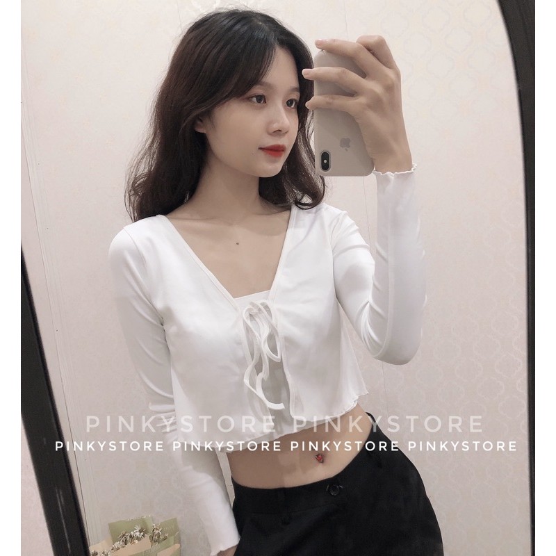 (Chưa kèm áo trong) Áo croptop tay dài cột nơ PINKYSTORE