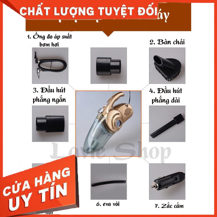 1 Máy Hút Bụi Ô Tô, Xe Hơi Cầm Tay 4 Trong 1 Kiêm Bơm Hơi, Đèn Pin, Đo Áp Xuất Công Suất Lớn 120W HB88 .