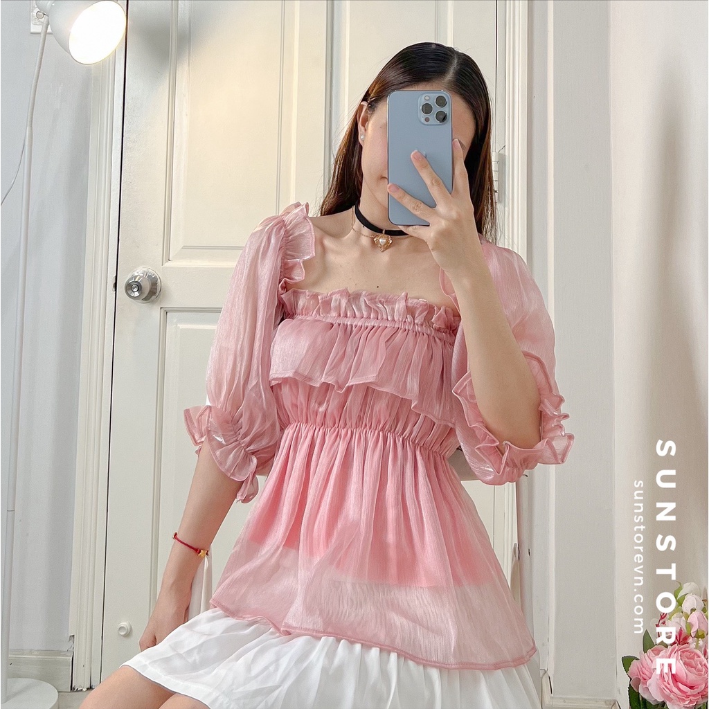 Áo trễ vai kiểu nữ tay phồng xinh xắn chất liệu vải organza freesize màu hồng