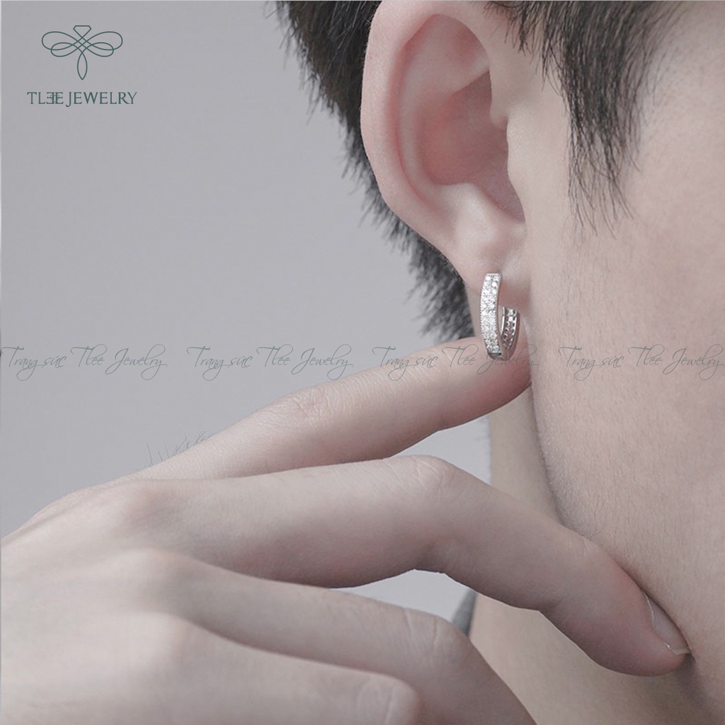 Khuyên tai bạc unisex TLEE nạm đá tròn bản to sang trọng NCJ B0138