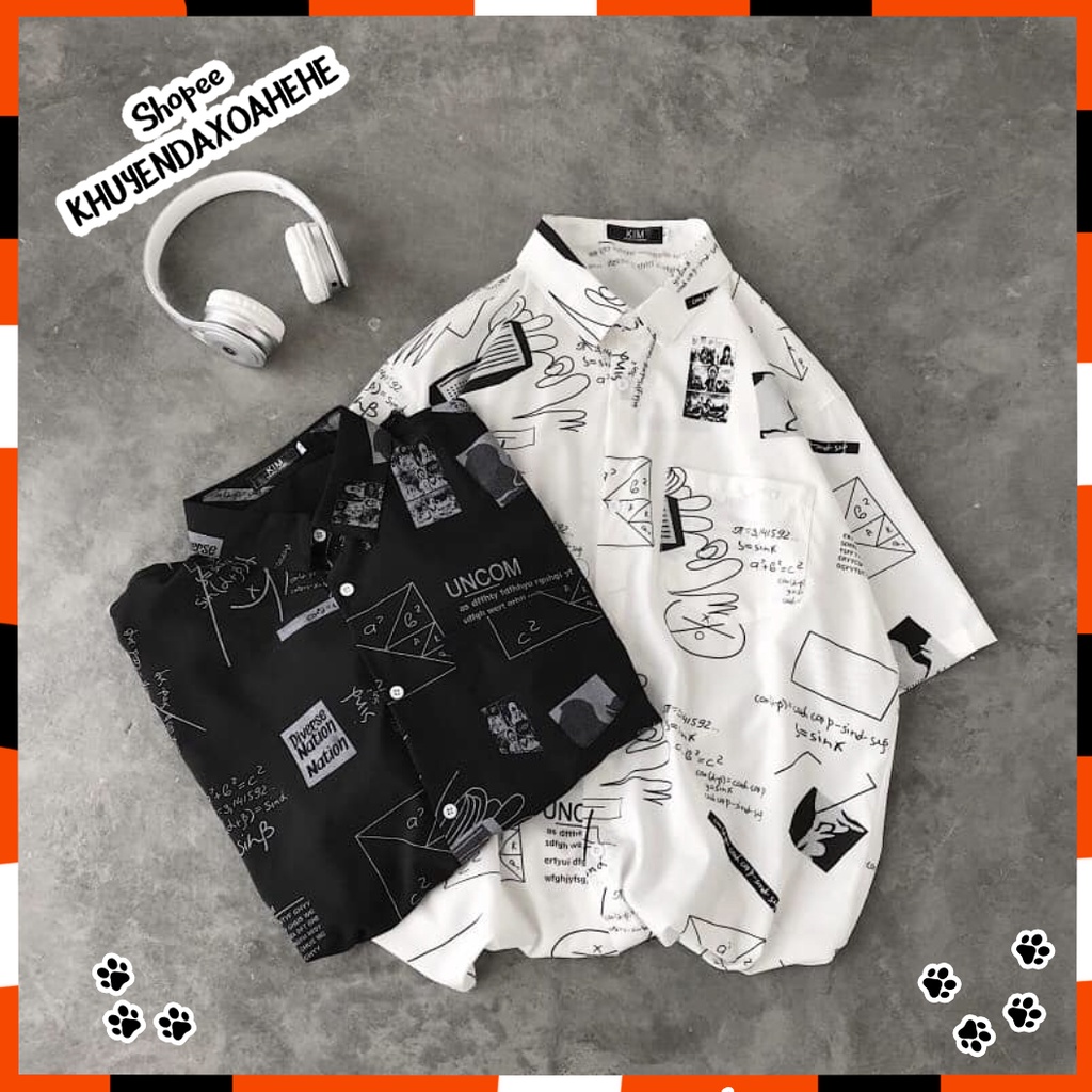 A012 Áo sơ mi nam nữ 2 màu đen trắng họa tiết toán học tay lỡ dáng rộng, áo khoác ngoài form to có túi cộc tay trẻ trung | BigBuy360 - bigbuy360.vn
