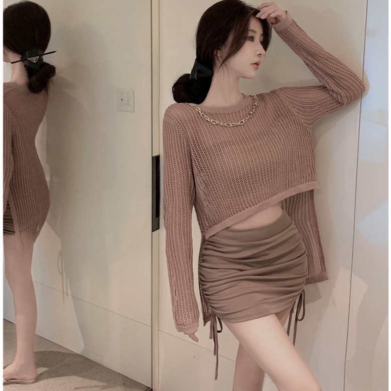 Áo Sweater Tay Dài Vạt Không Đều Phong Cách Hàn Quốc/ Váy Xếp Ly Thời Trang Tôn Đôi Chân Dài Cho Nữ