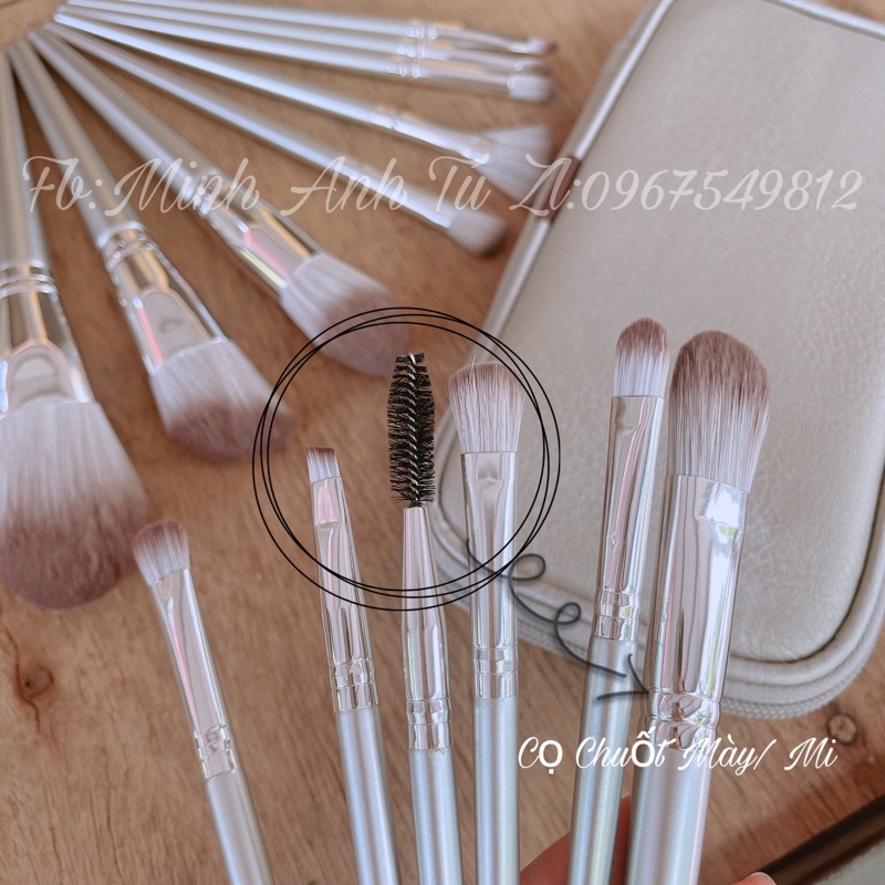 Bộ Cọ Trang Điểm Cán Bạc Cao Cấp Lông Siêu Mịn 14 Cây Kèm Bao Da