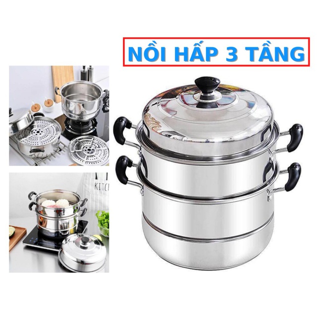 Nồi hấp inox 3 tầng 28cm Siêu bên tiện lợi