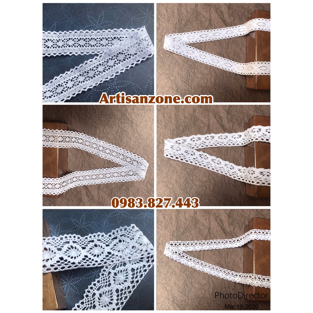 Ruy băng ren trắng cotton - Bản rộng từ 1,1cm - 4,5cm, dài 02 mét (tùy mẫu) - Đọc kỹ mô tả sản phẩm