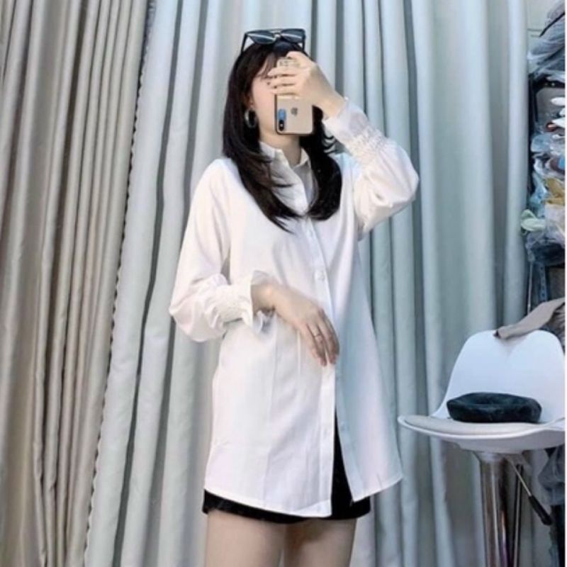 Áo Sơ Mi Kiểu Nữ Màu Trắng Chất Thô Hàn Đẹp Dài Tay Túi Trước Phong Cách Hàn Quốc Cao Cấp 02
