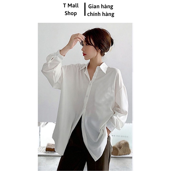 áo sơ mi nữ trắng tay dài lụa form rộng phong cách Hàn Quốc mềm mịn chống nhăn