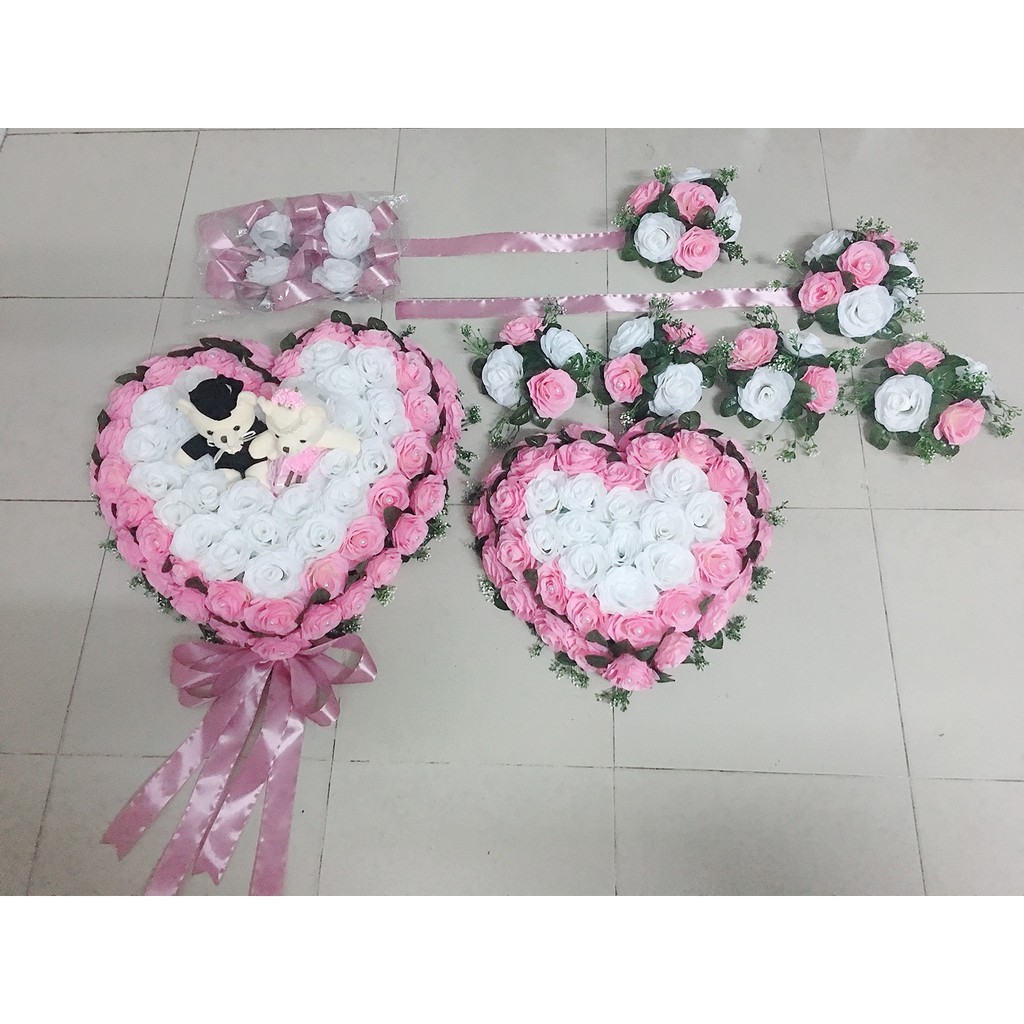 Hoa cưới trang trí xe dâu mẫu trái tim HOA HỒNG có gấu cực sang chảnh, đế hít nam châm, cam kết hình thật 100%