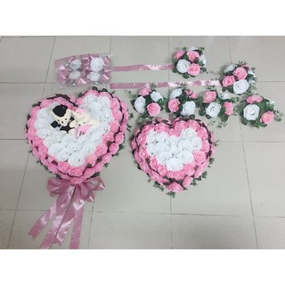Hoa cưới trang trí xe dâu mẫu trái tim HOA HỒNG có gấu cực sang chảnh, đế hít nam châm, cam kết hình thật 100%