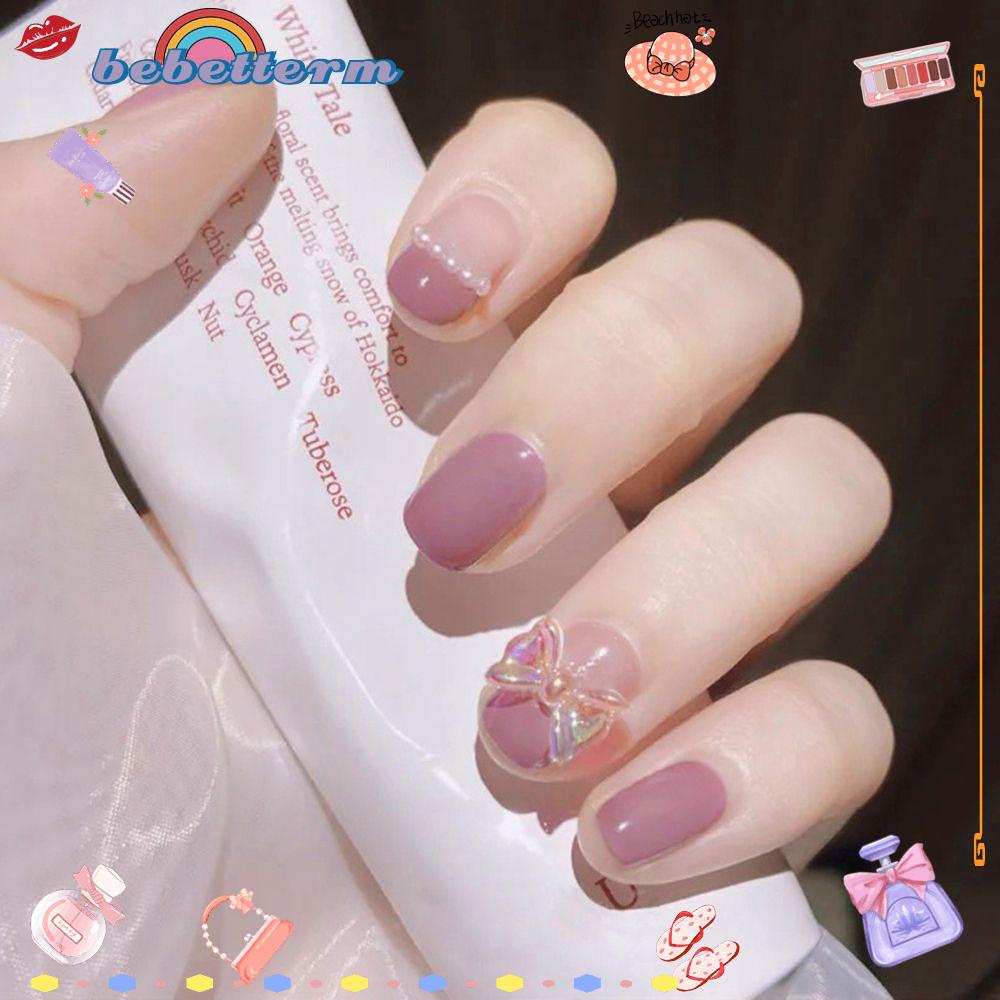 Bebetterm 24Pcs/Box Detachable False Nails Plastic French DIY Bowknot Rhinestone Press On Full Cover Artificial Accessories