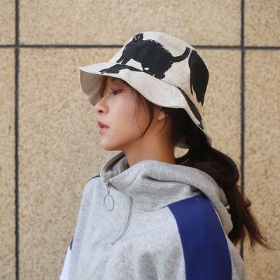 Mũ Tai Bèo Vải Lanh Cotton In Hình Mèo Kitty Dễ Thương Dễ Phối Đồ Cho Nam Và Nữ