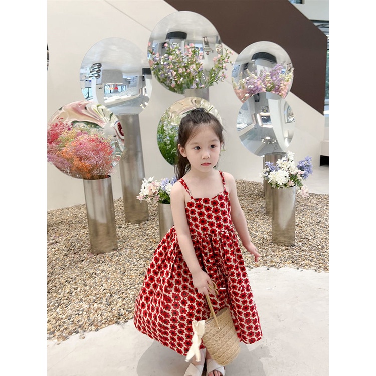 Đầm Mùa Hè Tay Cộc In Họa Tiết Hoa Đỏ Phong Cách Hàn Quốc Hợp Thời Trang Cho Bé Gái 5 Tuổi