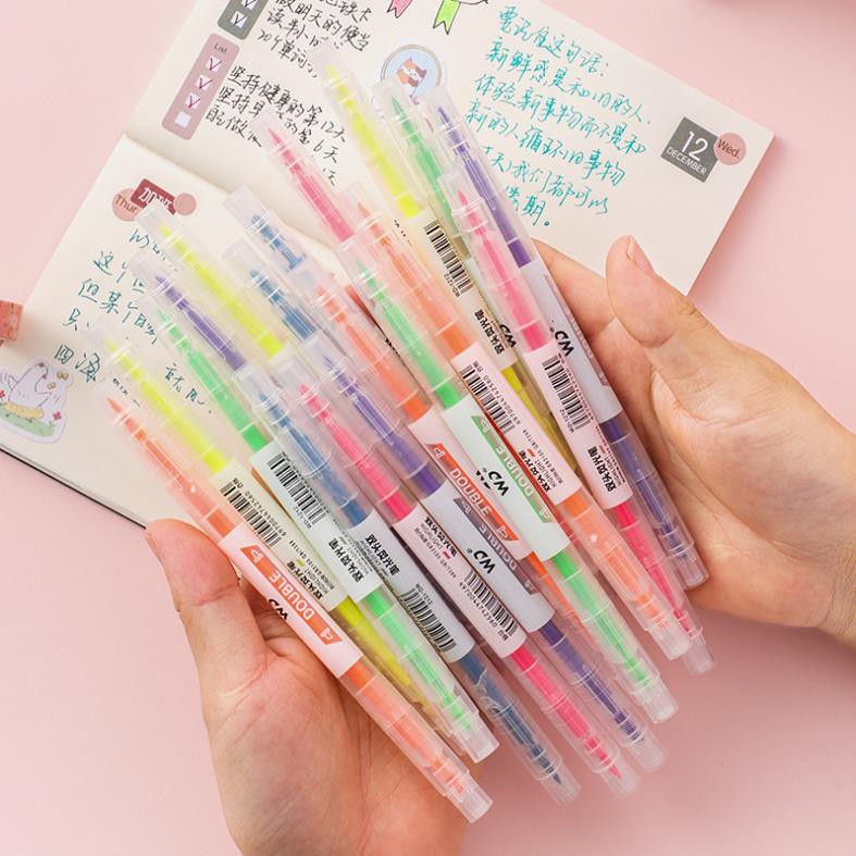 Bút highlight pastel dạ quang 2 đầu Lyawn, bút đánh dấu nhớ dòng cute nhiều màu marker dễ thương B05