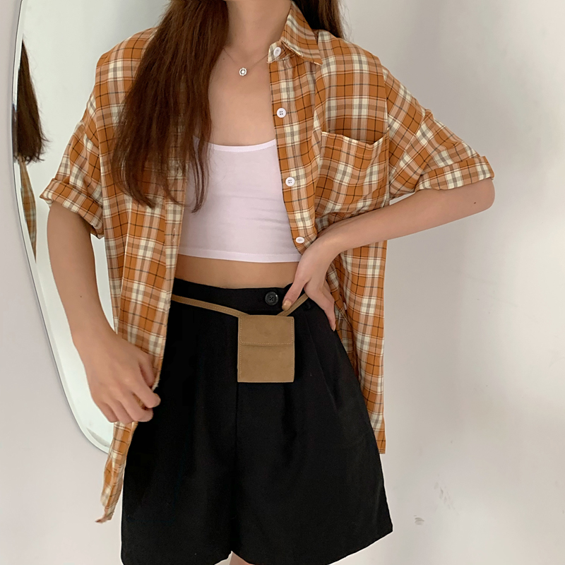 SUXI Áo sơ mi tay ngắn họa tiết caro phong cách Hàn Quốc cá tính cho nữ