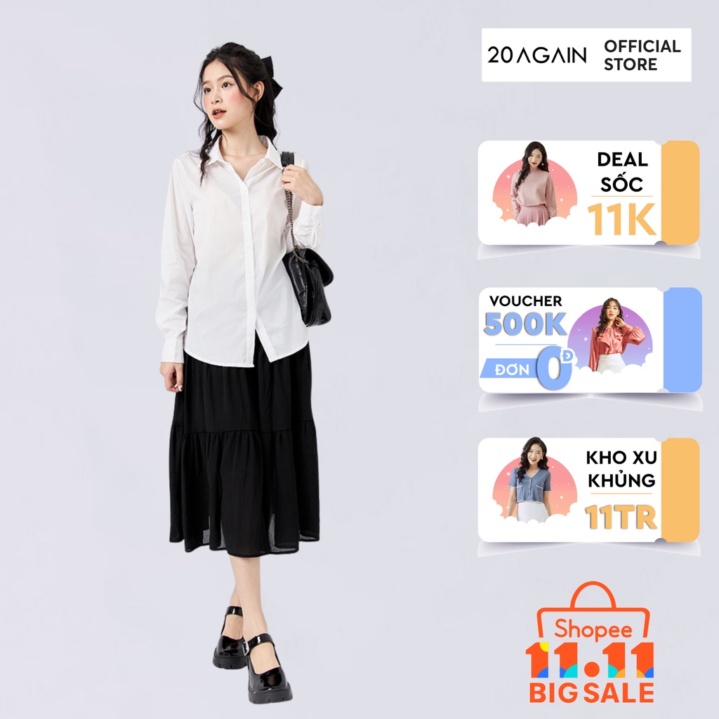 Áo sơ mi nữ đẹp 20AGAIN Sơ mi nữ dài tay basic chất liệu thô cao cấp, hoạ tiết trơn ASW1134