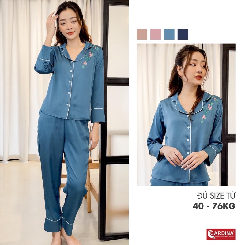 Bộ Pijama nữ CARDINA áo dài tay quần dài in hoa chất lụa Satin Nhật