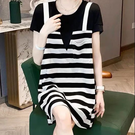 Bộ Áo Liền Quần Giả Váy Dài Dáng Suông Họa Tiết Kẻ Sọc Phong Cách Phương Tây Thời Trang Mùa Hè Hàng Mới 2022