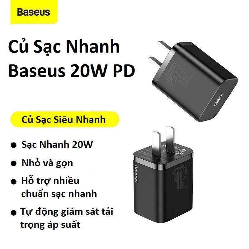 Củ Sạc Nhanh Baseus 20W PD Super Si Type C Hỗ Trợ Sạc Nhanh QC3.0 Kích Cho Android / iPhone - CCSUP-A01
