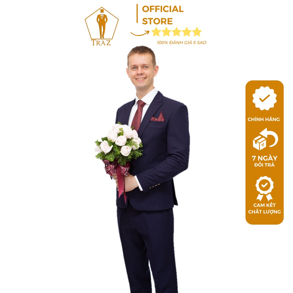 Bộ Vest Nam Màu Xanh Navy 1, 2 Nút TRAZ Phom Ôm BoDy Cao Cấp Cho Công Sở Và Chú Rể(1 Quần Và 1 Aó Vest)