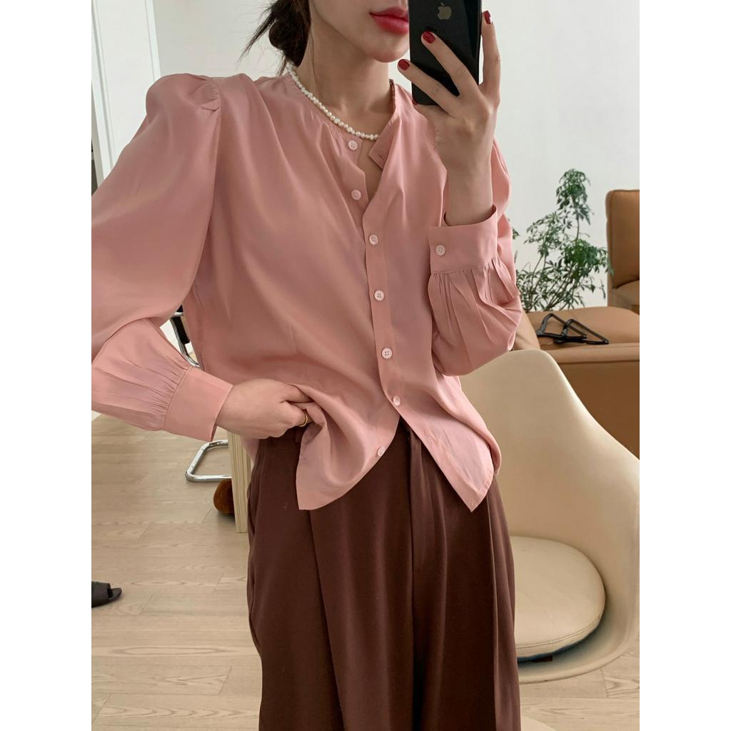 Áo Sơ Mi Tay Phồng Màu Hồng Phong Cách Hàn Quốc Xinh Xắn Cho Nữ