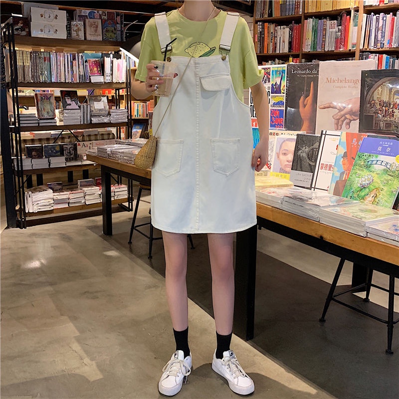 Đầm yếm denim màu trơn dáng rộng phong cách Hàn Quốc thời trang mùa hè cho nữ