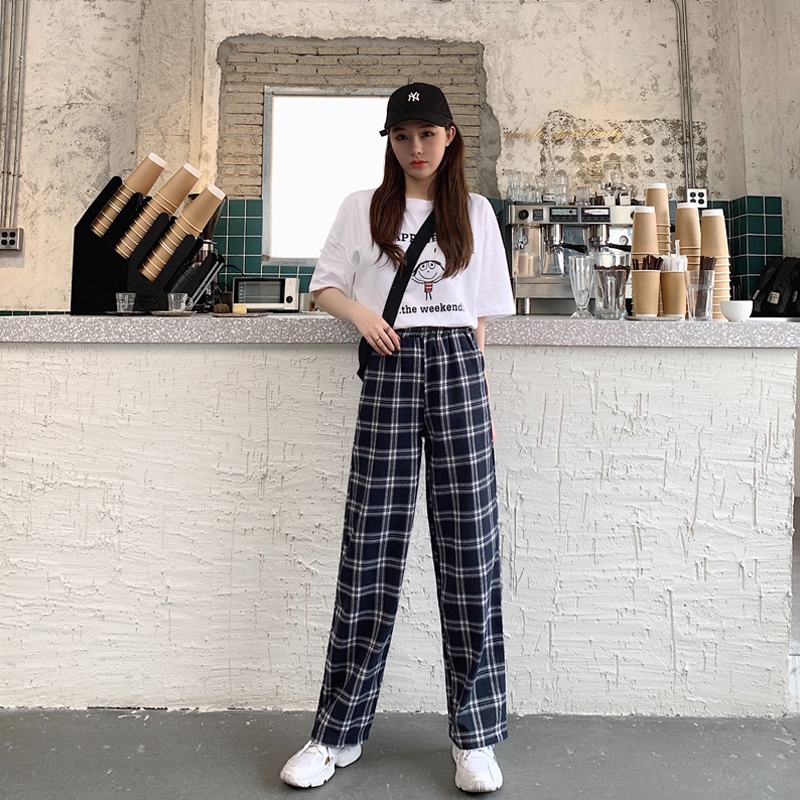 SUXI Quần Dài Ống Rộng Họa Tiết Ca Rô Thời Trang Dành Cho Nữ