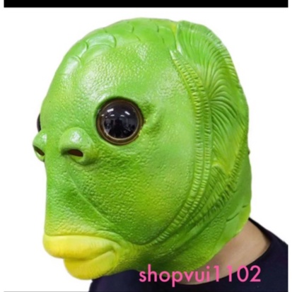 Mặt nạ trùm đầu hóa trang quái vật đầu cá màu xanh lá phù hợp cho Halloween