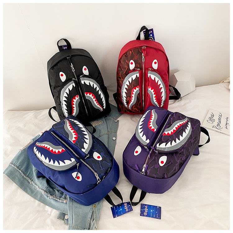 BAPE Dl Promosi Ba Lô Thể Thao Bằng Vải Bạt In Rằn Ri Màu Xanh Da Trời Cá Mập Rằn Ri Phong Cách Nhật Bản Cho Nam Sinh Sinh Viên