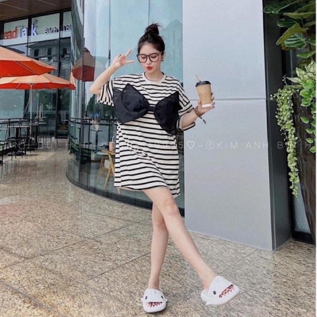 Váy đầm suông kẻ đính nơ to siêu hot L1 cd