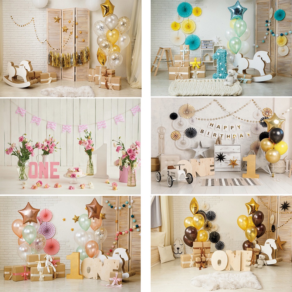 Phông nền chụp hình tiệc sinh nhật bé họa tiết bóng bay biển mùa hè