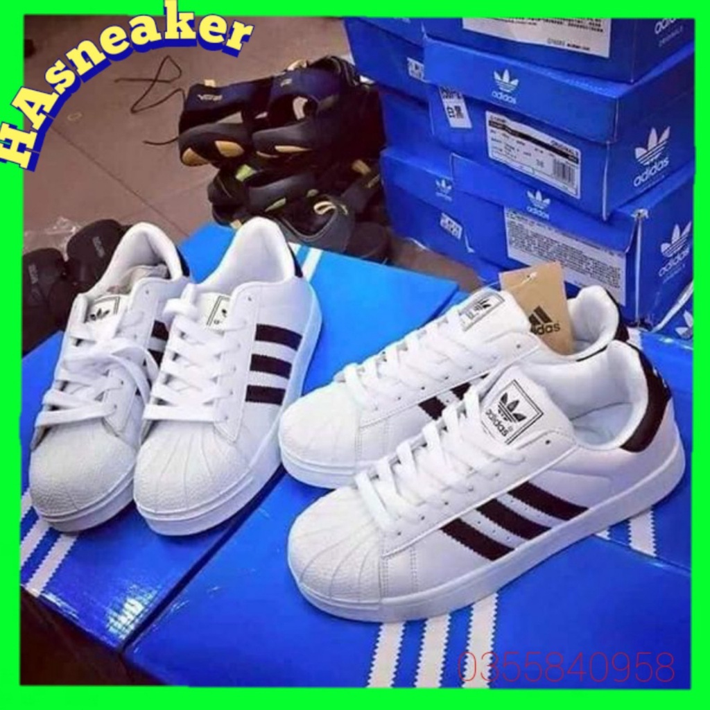 giày superstar [ẢNH THẬT] mũi sò màu trắng sọc đen, giày thể thao nam nữ adidas mũi sò vip da thật, full size