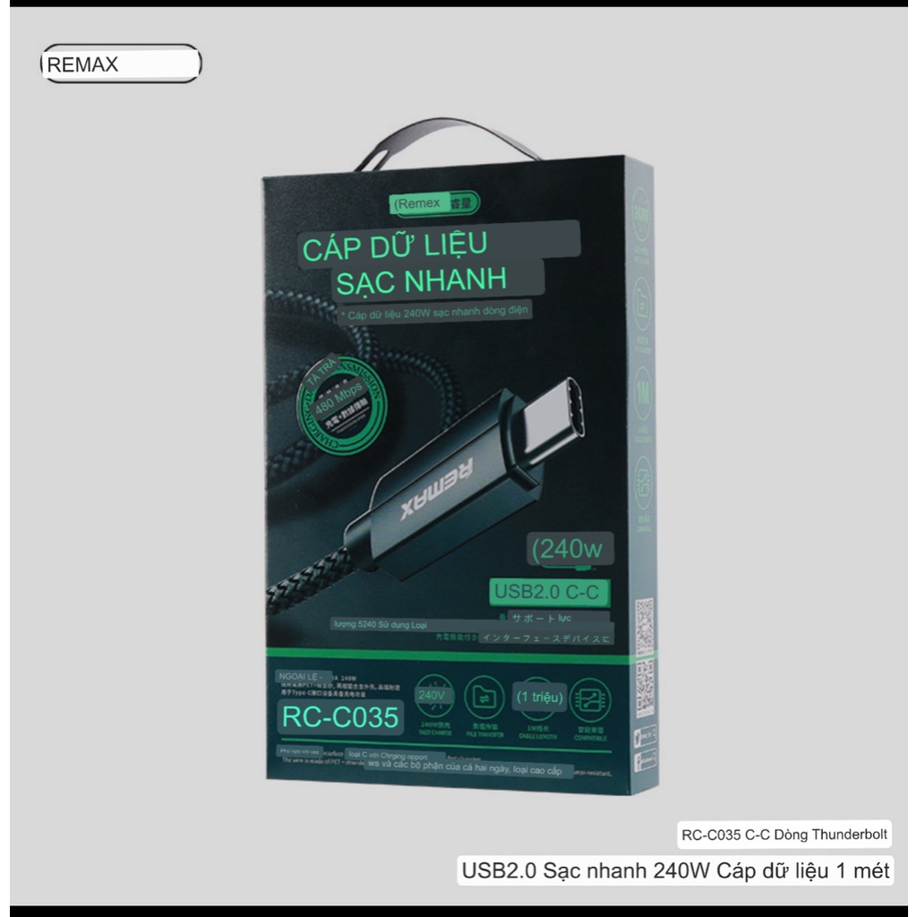 CHÍNH HÃNGDây Cáp siêu sạc nhanh 240W 48V 5A REMAX C035 PD Type-C To Type-C 1M BỌC DÙ CHỐNG RỐI ĐỨT