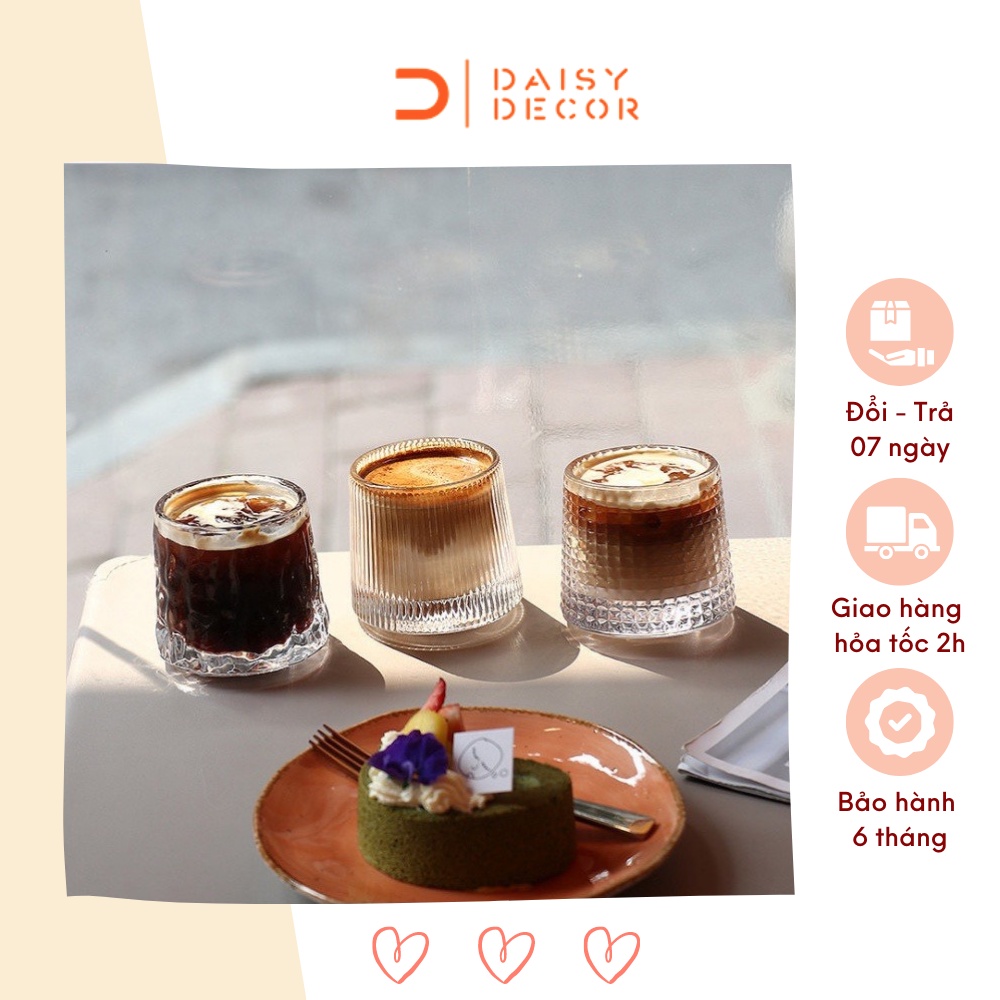 Combo 3 ly thủy tinh Daisy Decor cốc thủy tinh cao cấp, chịu nhiệt đế lồi họa tiết hiện đại 200ml