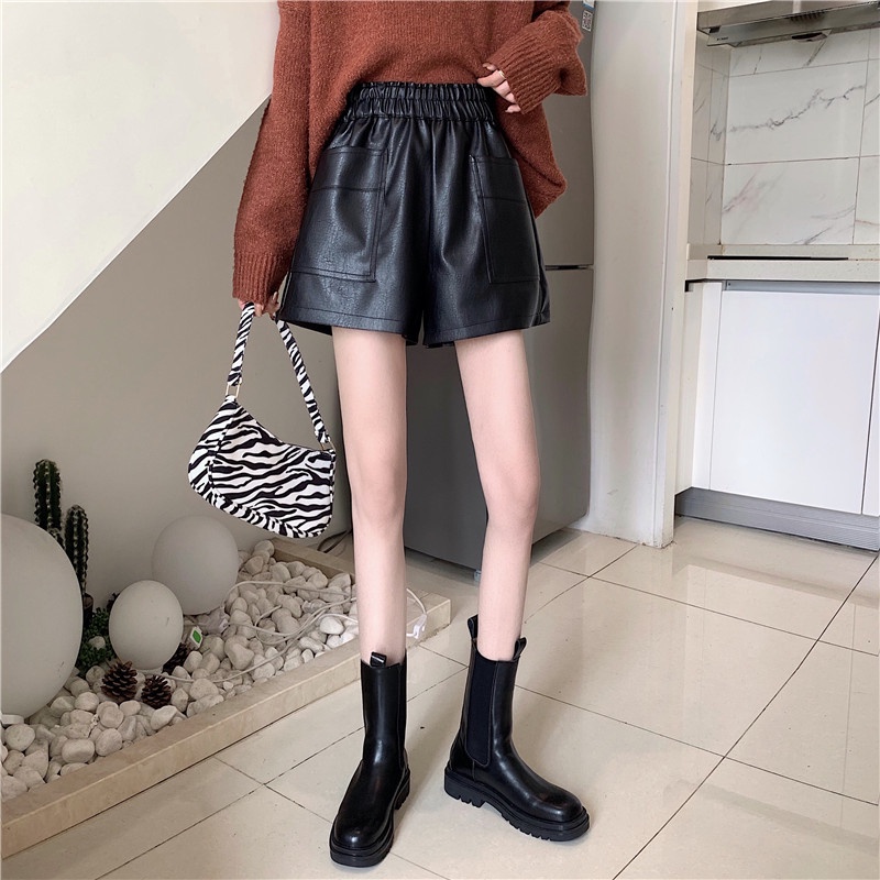 Sale 68% Quần Short Da Lưng Cao Ống Rộng Thời Trang Thu Đông Cho Nữ, black,S Giá gốc 423000đ - 10M20