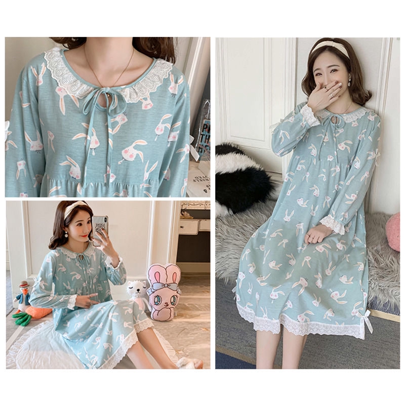 Đầm Ngủ Cotton Tay Dài In Hình Mèo Dễ Thương Cho Nữ