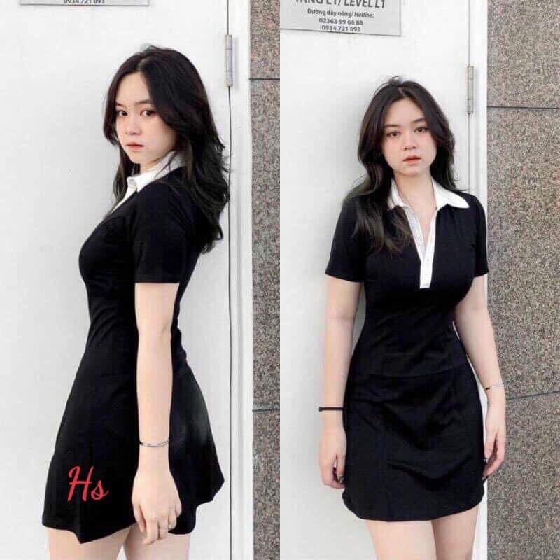 váy thun polo cổ bẻ đen phối trắng