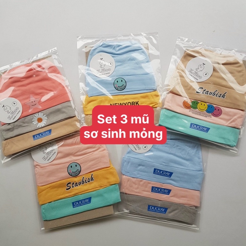 Set 3 mũ sơ sinh mỏng cho bé, mũ thun lạnh