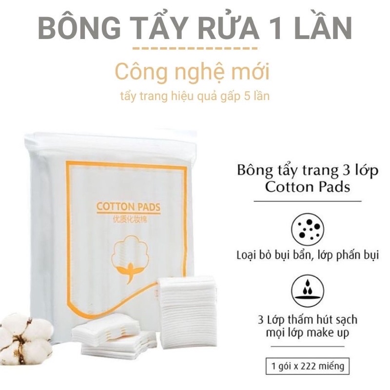 Bông tẩy trang 3 lớp Cotton Pad 222 miếng sợi bông tự nhiên mềm mịn hút nước tốt siêu tiết kiệm an toàn cho da