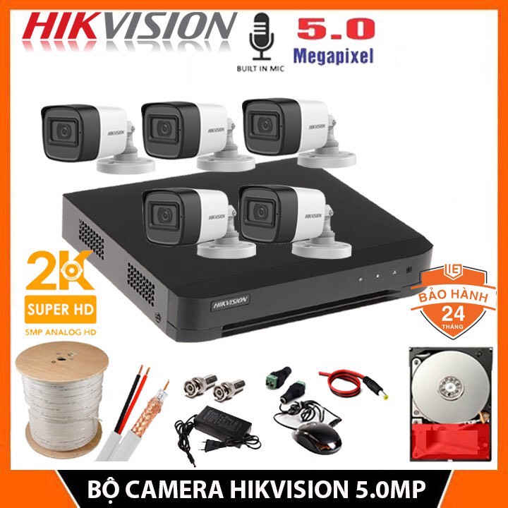 Trọn Bộ Camera 5.0MP Siêu nét HIKVISION 5/6/7/8 Có Micro Chính hãng - kèm Ổ cứng HDD, đầy đủ phụ kiện lắp đặt